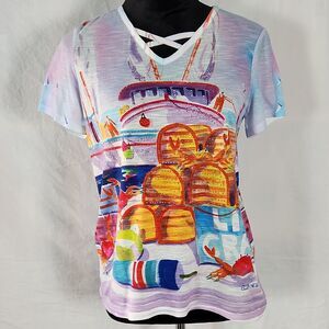 Ellen Negley Art & Sol Bling Watercolor Crab Print Shirt Top Petite Small